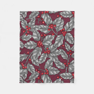 Holly berry, grey leaves on dark red fleece blanket
