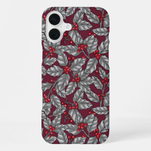 Holly berry, grey leaves on dark red iPhone 16 plus case