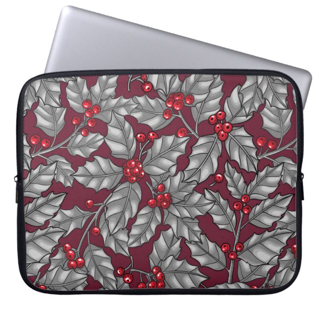 Holly berry, grey leaves on dark red laptop sleeve (Front)