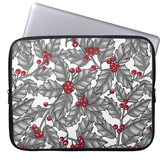 Holly berry, grey leaves on white laptop sleeve (Front)