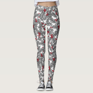 Holly berry, grey leaves on white leggings