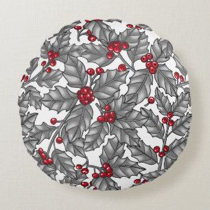 Holly berry, grey leaves on white round pillow