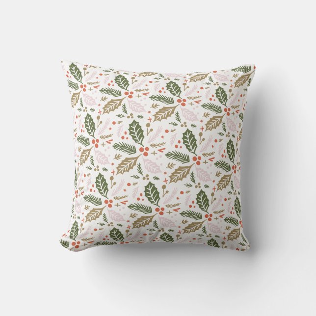Holly Berry Hand Drawn Colourful Holiday Pattern Throw Pillow (Front)