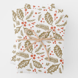 Holly Berry Hand Drawn Multi-color Gold & Red Wrapping Paper Sheet