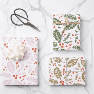 Holly Berry Hand Drawn Multi-color Pattern Wrapping Paper Sheet