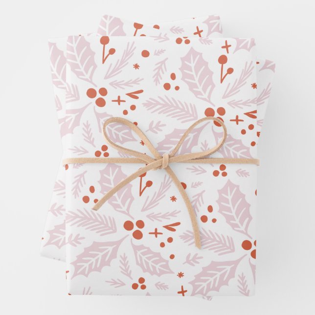 Holly Berry Hand Drawn Multi-colour Pink Red Wrapping Paper Sheet (In situ)