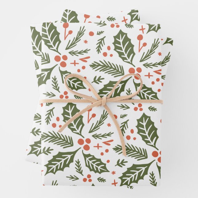 Holly Berry Hand Drawn Multi-colour Red and Green Wrapping Paper Sheet (In situ)