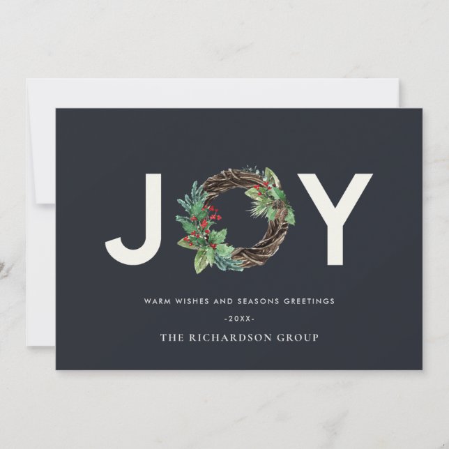 HOLLY BERRY JOY NAVY WREATH CHRISTMAS CORPORATE HOLIDAY CARD (Front)
