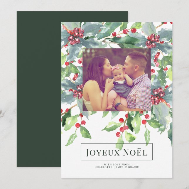 Holly Berry Joyeux Noël Elegant Christmas Card (Front/Back)