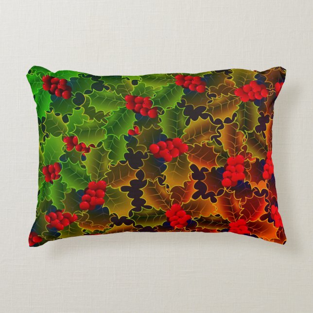 Holly berry leaves glowing red green winter hearth accent pillow (Front)