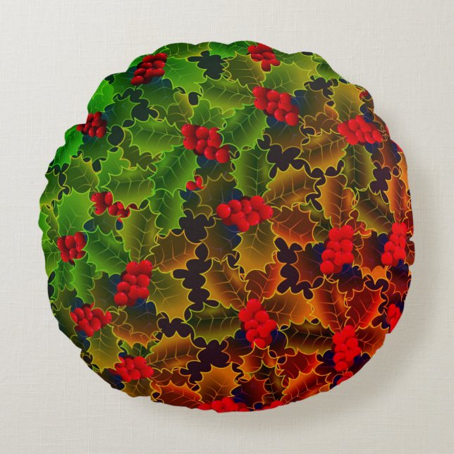Holly berry leaves red green glowing winter hearth round pillow (Front)