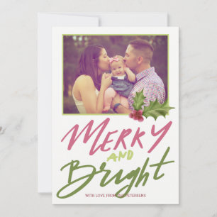 Holly berry merry & bright pink green script photo holiday card