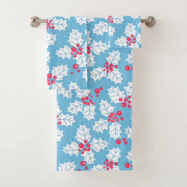 Holly berry on blue bath towel set (Insitu)