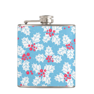 Holly berry on blue hip flask