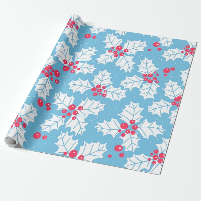 Holly berry on blue wrapping paper (Unrolled)