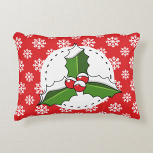 Holly Berry on Red White Snowflakes Pattern Accent Pillow