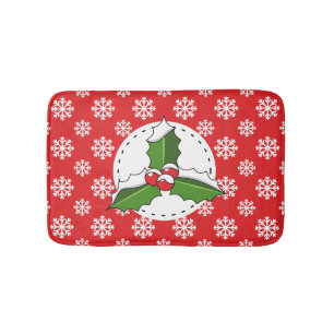 Holly Berry on Red White Snowflakes Pattern Bath Mat