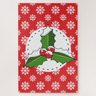 Holly Berry on Red White Snowflakes Pattern Jigsaw Puzzle