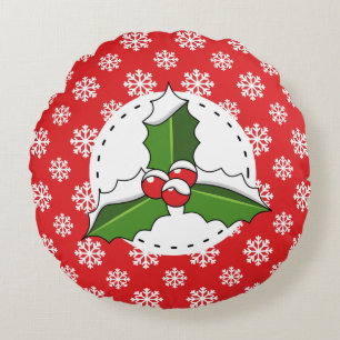 Holly Berry on Red White Snowflakes Pattern Round Pillow