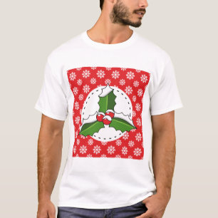 Holly Berry on Red White Snowflakes Pattern T-Shirt