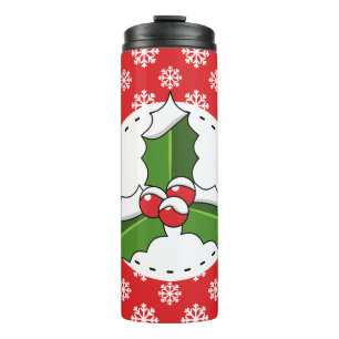 Holly Berry on Red White Snowflakes Pattern Thermal Tumbler