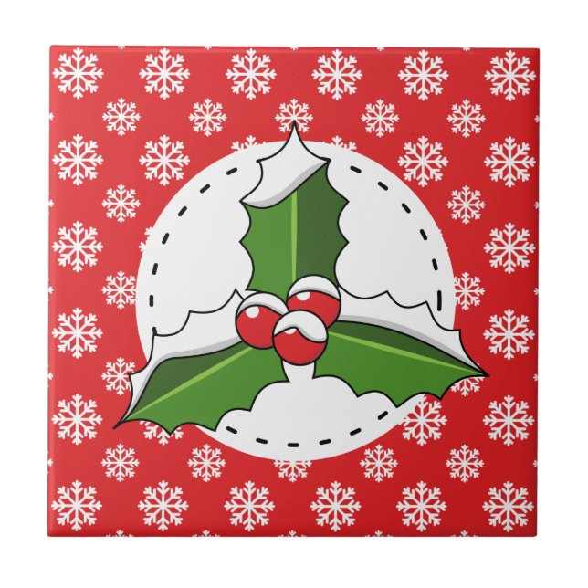 Holly Berry on Red White Snowflakes Pattern Tile (Front)