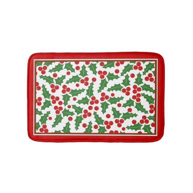 Holly berry pattern and red border Christmas Bath Mat (Front)