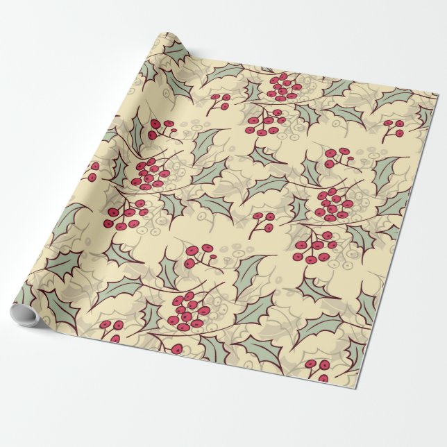 Holly berry pattern design wrapping paper (Unrolled)
