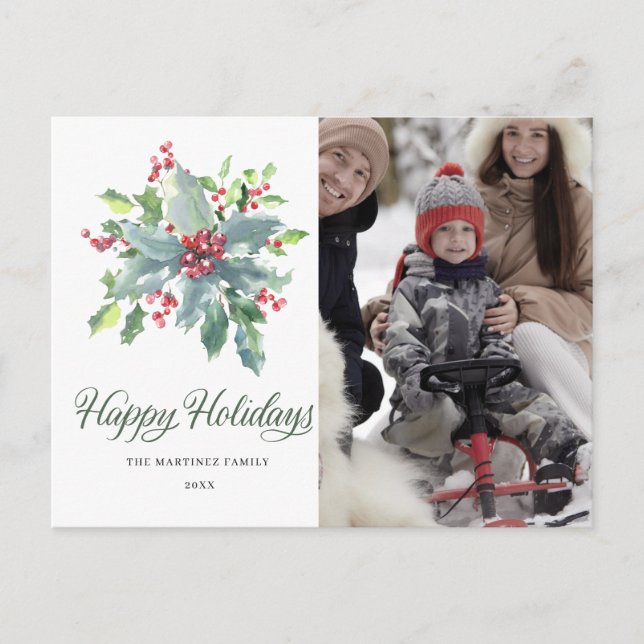 Holly Berry Photo Christmas Holiday Postcard (Front)