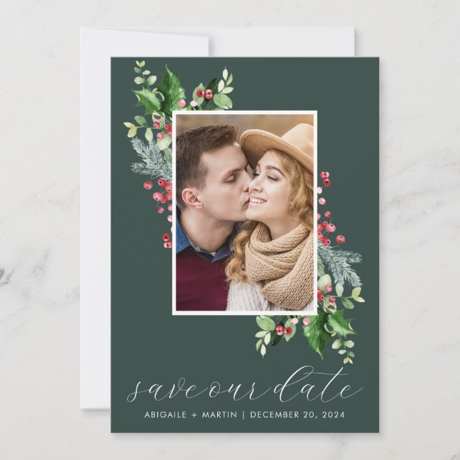 Holly Berry Photo Save The Date Holiday Card (Front)