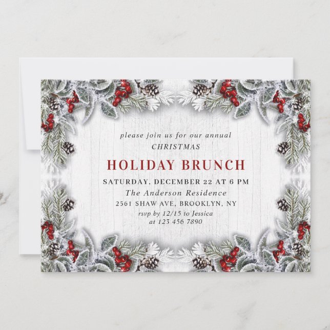 Holly Berry Pine Cones Branch HOLIDAY BRUNCH Invitation (Front)