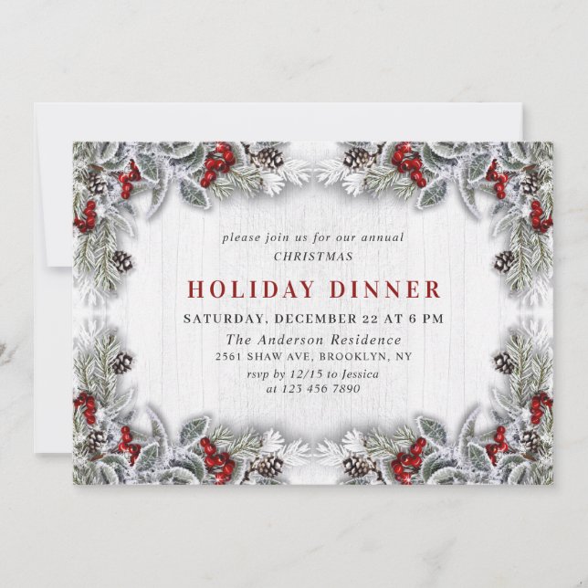 Holly Berry Pine Cones Branch HOLIDAY DINNER Invitation (Front)
