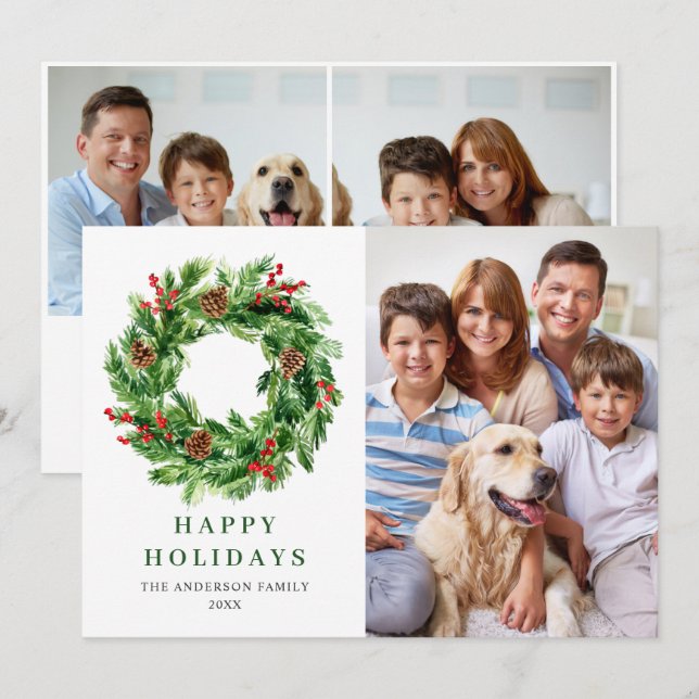 Holly Berry Pine Cones Christmas Wreath 3 PHOTO Holiday Card (Front/Back)