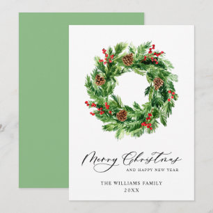 Holly Berry Pine Cones Christmas Wreath Holiday Card
