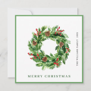 Holly Berry Pine Cones Christmas Wreath Holiday Card