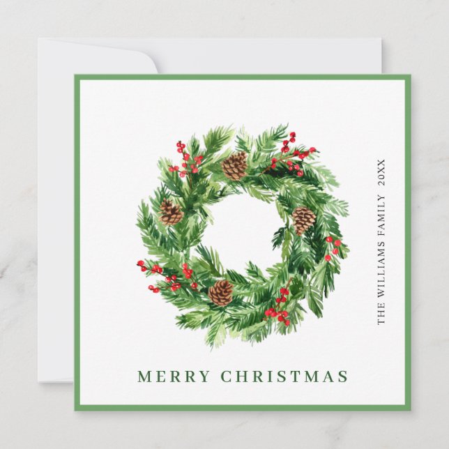 Holly Berry Pine Cones Christmas Wreath Holiday Card (Front)