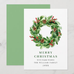 Holly Berry Pine Cones Christmas Wreath Holiday Card