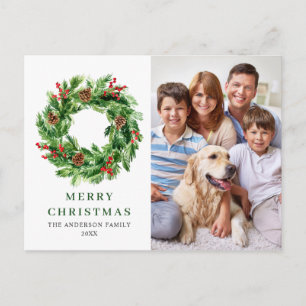 Holly Berry Pine Cones Christmas Wreath PHOTO Postcard