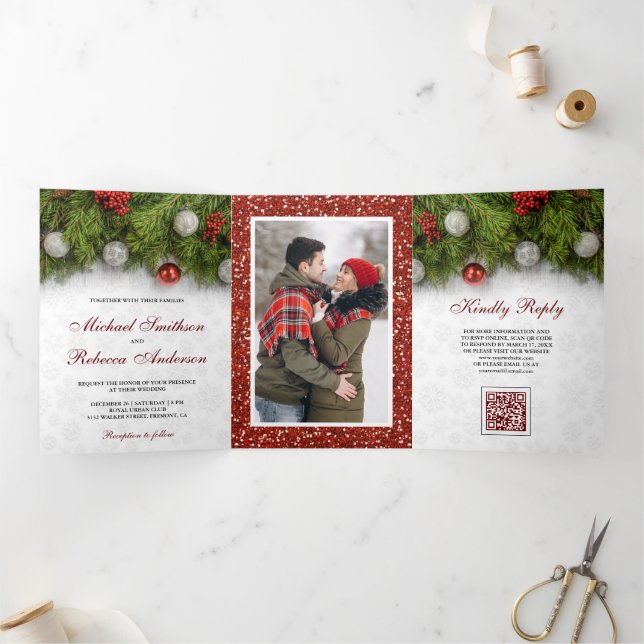 Holly Berry Pine Leaves Christmas QR Code Wedding Tri-Fold Invitation (Inside)