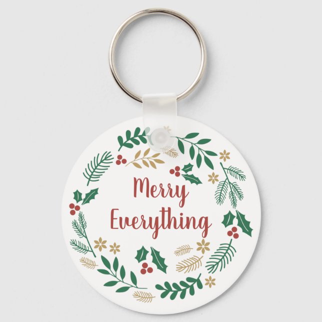 Holly Berry Pine Wreath Merry Everything Holiday C Keychain (Front)