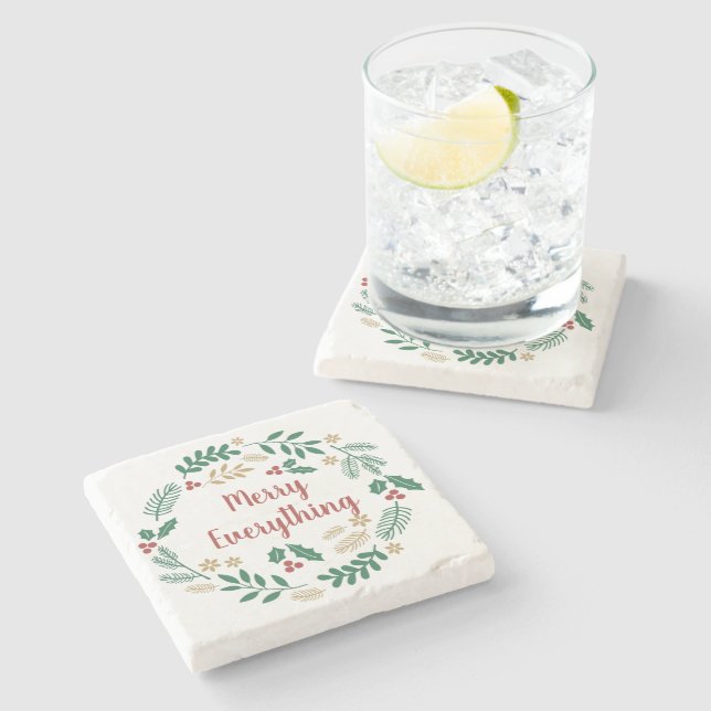 Holly Berry Pine Wreath Merry Everything Holiday Stone Coaster (Side)