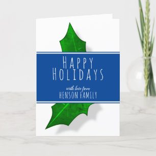 Holly Berry Plant Blue Family Christmas Happy Holiday Card