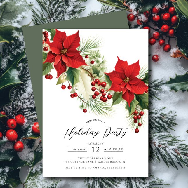 Holly Berry Poinsettia Holiday Party Invitation (Creator Uploaded)