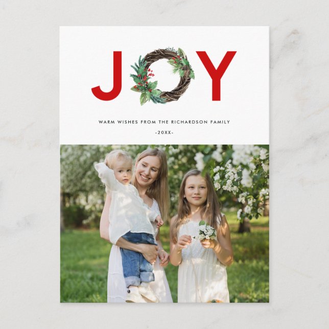 HOLLY BERRY RED GREEN JOY WREATH CHRISTMAS PHOTO POSTCARD (Front)