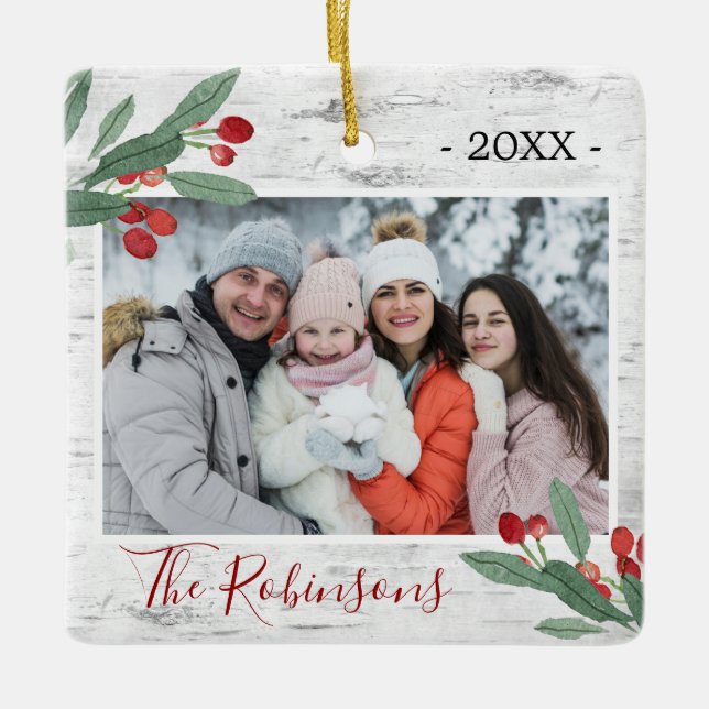 Holly Berry Rustic Birch PHOTO White Bark Ceramic Ornament (Front)