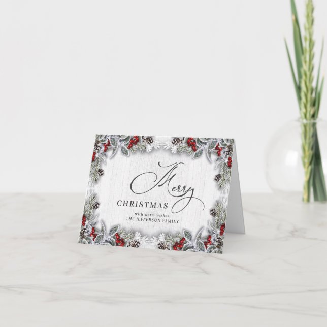 Holly Berry Rustic Christmas Greeting Holiday Card (Front)