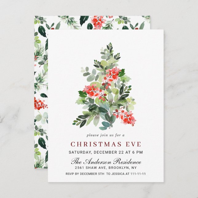 Holly Berry Tree Christmas Eve Invitation Card (Front/Back)