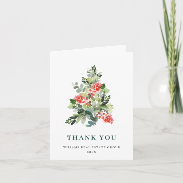 Holly Berry Tree Christmas Greeting Holiday Thank You Card (Front)