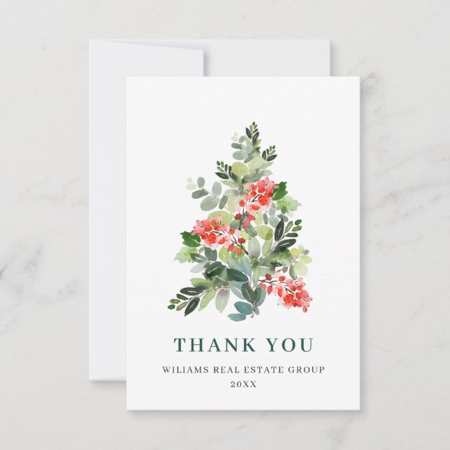 Holly Berry Tree Christmas Greeting Holiday Thank You Card (Front)