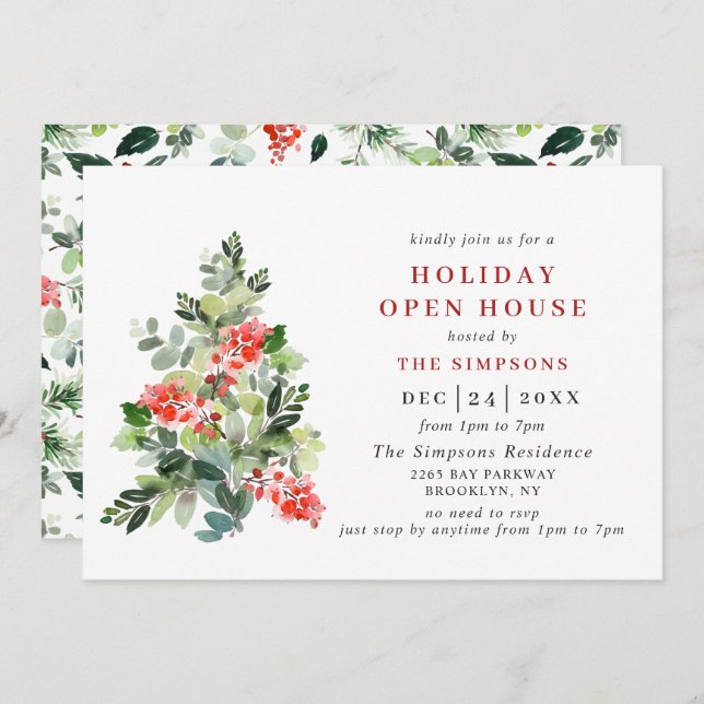 Holly Berry Tree CHRISTMAS HOLIDAY OPEN HOUSE Invitation (Front/Back)